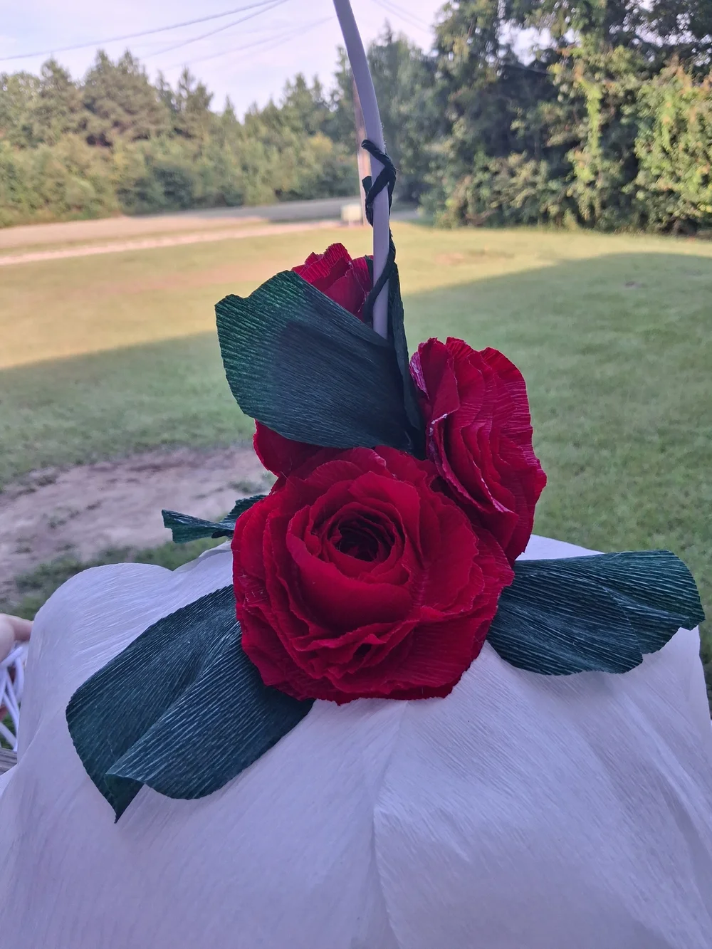 Handcrafted White Floral Hanging LED Lamp with Red Rose Accent